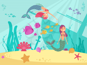 Cartoon fairytale underwater vector background with mermaids. Fish girl undersea, mythological wild princess illustration