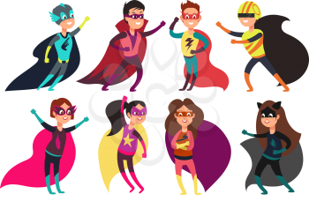 Happy kids superheroes wearing colorful superheros costumes. Cartoon children characters superhero wearing in color costume illustration