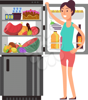 Woman thinking snacking at fridge with unhealthy food. People eating at night diet vector concept. Kitchen fridge and woman thinking illustration
