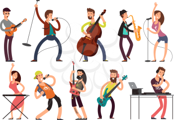Rock and pop musicians vector cartoon characters. Young guitarists, drummers and singers artists isolated. Rock band on concert, guitarist and performer singer illustration