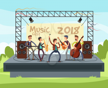 Outdoor summer festival concert with pop music band playing music outdoor on stage vector illustration. Performance musician with instrument, play musical