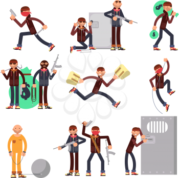 Criminal offender in different actions vector set. Burglar and thief cartoon characters. Illustration of crime, robber with money bag