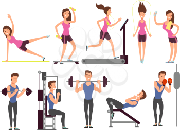 Gym exercises, body pump workout vector set with cartoon sport man and woman characters. Fitness people in gym, sport and fitness exercise illustration