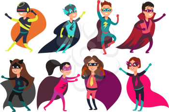 Preschool boys and girls superheroes. Super kid cartoon characters in party costumes. Vector superhero comic costume girl and boy illustration