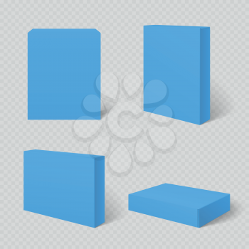 Blue blank cardboard package box in different positions. Vector template illustration