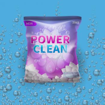 Detergent vector design on bag package template with realistic bubbles on background illustration