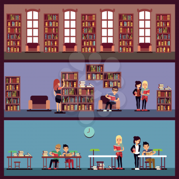 Public library banners concept with different students reading books. Library university with bookcase, school and bookshelf with literature illustration