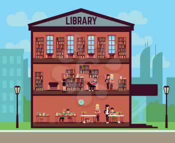 Public library concept with different students reading books. Vector illustration
