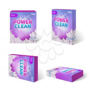 Set of purple detergent cardboard package box in different positions. Vector template illustration