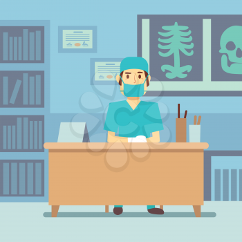 Surgeon doctor sitting at the table in medical vector healthcare concept illustration