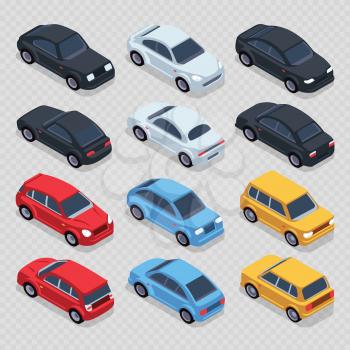 Isometric 3d cars set isolated on transparent background. Set transport isometric automobile, vector illustration