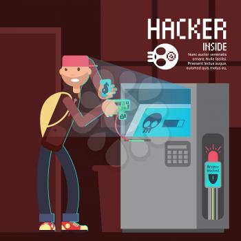 Computer safety and computer crime vector concept with cartoon hacker character. Crime and thief atm hacker illustration