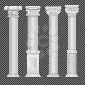 Realistic white antique roman column isolated on transparent background. Column and pillar classic, vector illustration