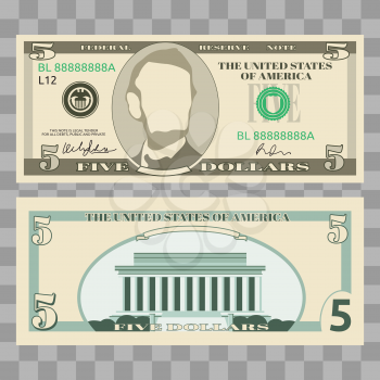 Dollar banknotes, us currency money bills - 5 dollar isolated on transparent background. Vector illustration