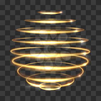 Gold circle light tracing effect, glowing magic 3d sphere isolated on transparent background. Vector illustration
