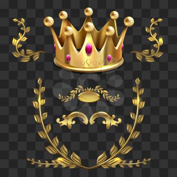Golden vector heraldic elements. Kings crown, laurel wreath isolated on transparent background illustration