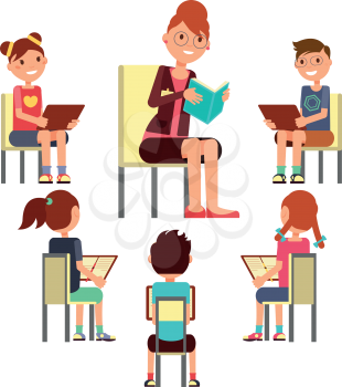 Teacher reading book to children that sitting around. Kids education vector concept. Education boy and girl on read lesson illustration
