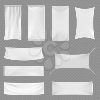 White blank textile advertising banners with folds isolated on transparent background. Vector illustration