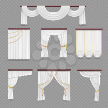 White curtains drapery for wedding room and windows isolated on transparent background. Curtain window fabric satin, interior wedding, vector illustration