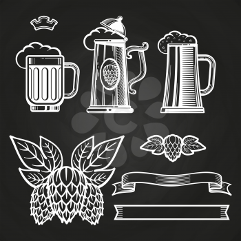 Vintage elements for labels - glass of beer ribbon hops on chalkboard. Vector illustration