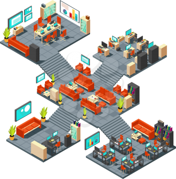 Corporate professional 3d office. Isometric business center floors interior vector illustration. Office business room interior, building department indoor