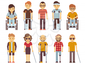 Disabled people vector set. old and young invalid persons isolated on white background. Person character invalid in wheelchair illustration