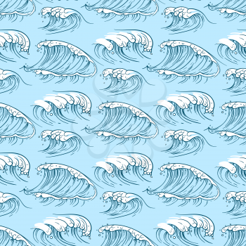 Hand drawn ocean waves seamless pattern background flat. Vector illustration