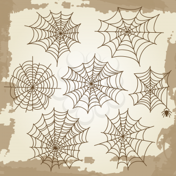 Cobweb set on grunge vintage background. Halloween spider elements. Vector illustration