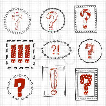 Question and exclamation marks on hand drawn frames. Vector illustration