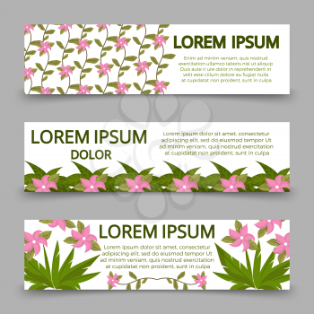 Green banners posters template with plants and flowers. Vector illustration