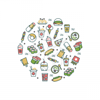 Asian fast food line icons in round form concept. Vector illustration