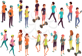 Young vector people with laptops and phones. Isolated isometric teenagers in casual clothes for computer technology concept. People with device laptop and phone illustration