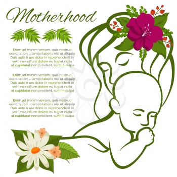 Mom and baby line silhouette and flowers - motherhood poster design. Vector illustration