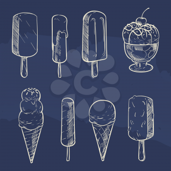 Sketch line ice cream collection on blue backdrop. Vector illustration