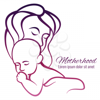 Mom and baby colorful silhouette - motherhood emblem. Vector illustration