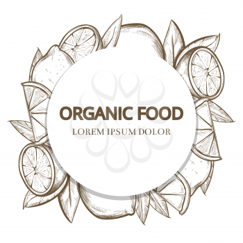 Sketch lemons round banner - organic food banner poster. Vector illustration
