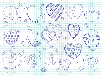 Cute doodle hearts, love ball pen drawn on notebook page. Vector illustration