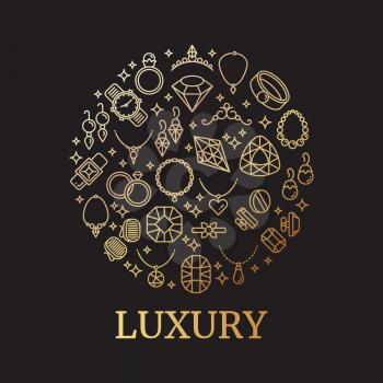 Golden jewelry and gemstones line vector icons. Luxury concept for jewelry store illustration
