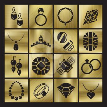 Golgen luxury jewelry icons set. Ring jewelry and diamond symbol, vector illustration