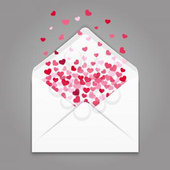 Realistc white paper envelope with colorful hearts confetti. Envelope with valentine mail heart, love letter message, vector illustration