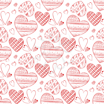 Red doodle hearts seamless pattern wallpaper background drawing, vector illustration