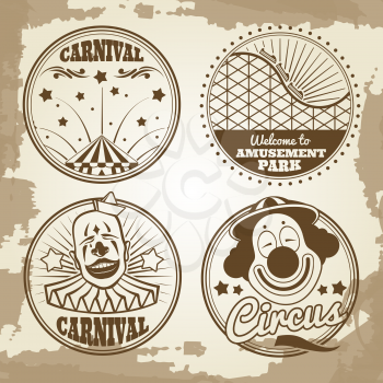 Amusement park circus carnival emblems on vintage background. Vector illustration