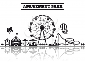Amusement park black silhouette banner poster design. Vector illustration flat