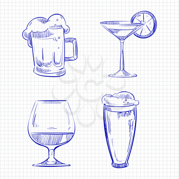 Ballpoint pen sketch drinks alcohol on notebook page. Vector illustration