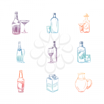 Colorful sketch alcohol and non alcohol drinks set. Vector illustration