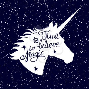 Inspiring unicorn silhouette head on falling snow background. Vector unicorn magic head silhouette, dream fantasy and inspirational lettering illustration