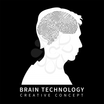 Male head silhouette with chip brain on black background. Vector illustration