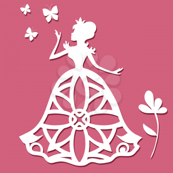 Paper carving princess with butterflies and flower on pink background. Vector illustration
