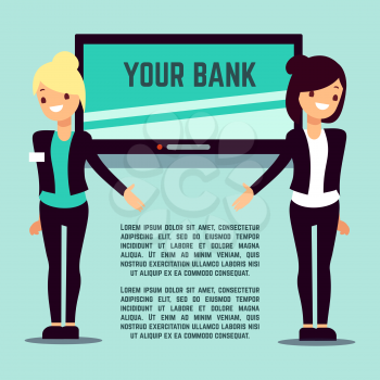 Welcome bank info page with flat girls and screen. Vector illustration