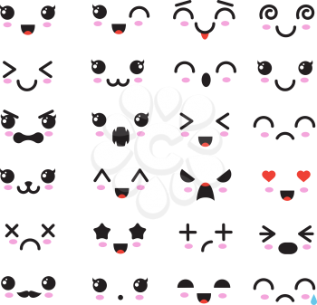 Cartoon kawaii eyes and mouths. Cute emoticon emoji characters in japanese style. Vector emotion smile cartoon, kawaii japanese anime illustration